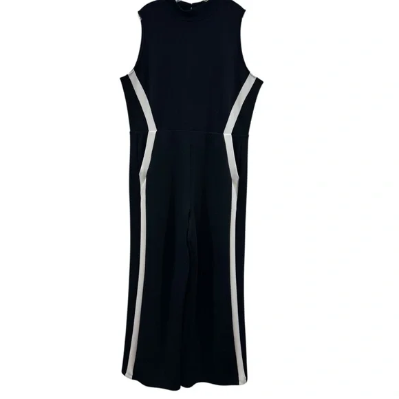 Spanx AirEssentials Mock Neck Striped Track Jumpsuit Very Black Wide Leg Size 2X - Picture 2 of 14